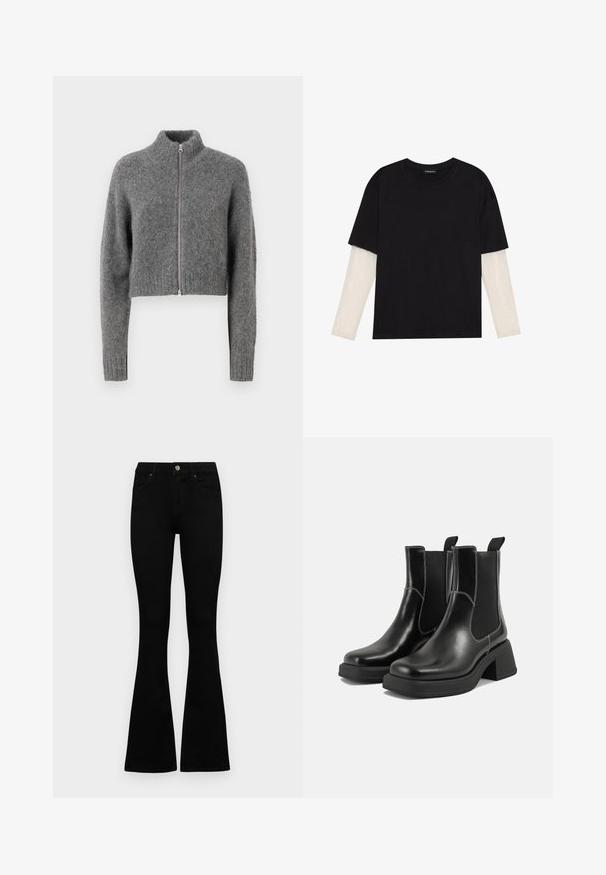 Samsøe Samsøe JEANNE CARDIGAN - Kardigan - iron gate; Mustmust särk, mis on valmistatud puuvillast, lühikeste varrukatega, valge pika varrukaga kihi peal, millel on peene tekstuuriga muster. Ümar kaelus.; Mustad kõrge vöökohtadega teksad, millel on nööp ja lukuga sulgemine, esikäe taskud ja laienevad sääred, asetatud tasasele valgele taustale.; Must musta Chelsea saapad, millel on paks konts, elastsed külgpaneelid ja kontrastne valge õmblus. Tekstuuriga viimistlus.