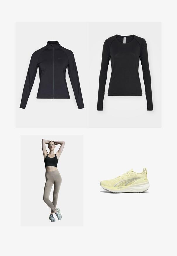 Crna dugouha jakna s patentnim zatvaračem i visokim ovratnikom, izrađena od glatkog, rastezljivog materijala, s raglan rukavima i minimalnim logotipom.; Crna košulja dugih rukava, izrađena od mekanog materijala. Ima okrugli izrez i raglan rukave s otvorima za palčeve na manžetama. Minimalistički dizajn.; Crni sportski grudnjak i bež tajice visokog struka, s bočnim šavovima i akcentima. Model nosi svijetlosive sportske cipele s mekanim đonom.; Svijetlo žute atletske tenisice s teksturiranim gornjim dijelom, sivi akcenti i podstavljeni potplat. Imaju dizajn s vezicama i trakicu za povlačenje na peti.