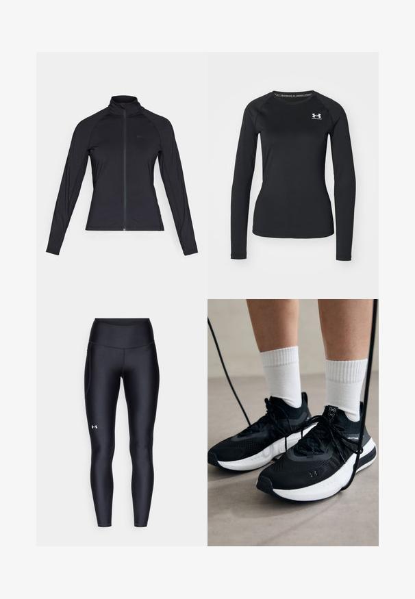 Čierna dlhá mikina so zipsom a vysokým golierom, vyrobená z hladkého, elastického materiálu, so švom na rukávoch a minimálnym logom.; Čierne športové tričko s dlhým rukávom z hladkej látky, so zaobleným výstrihom a malým bielym logom na ľavej hrudi.; Čierne legíny vyrobené z hladkého, elastického materiálu s vysokým pásom. Obsahujú biele logo na ľavom stehne a sú strihané na telo.; Čierne športové topánky s textúrovanou tkaninou, bielou podrážkou a čiernymi šnúrkami. Nosené s bielymi rebrovanými ponožkami, postavené na svetlom povrchu.