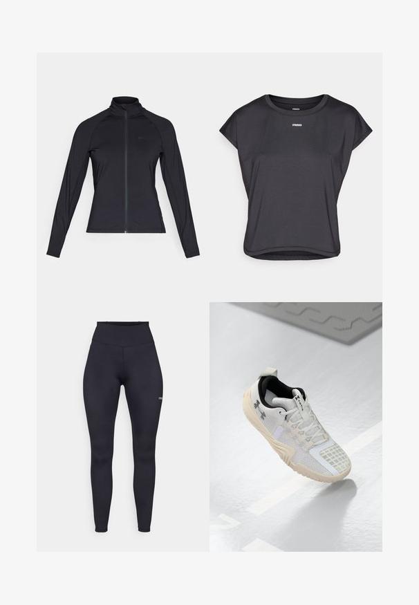 Svart langermet jakke med glidelås og høy krage, laget av glatt, elastisk materiale, med raglanermer og minimal logo.; Svart kortermet topp laget av glatt stoff, med rund hals og ordet "STRONGER" trykket i hvitt på brystet.; Høytlivte sorte leggings laget av stretchstoff, med en jevn tekstur og en liten logo på underbenet. Tettsittende design.; Hvit sportsko med en teksturert mesh-overdel, svart innside, og en beige gummisåle med mønstret grep. Utsmykket med subtile detaljer.