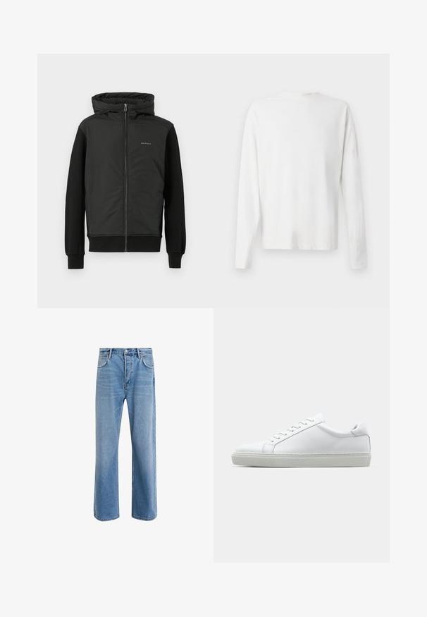 Giacca nera con cappuccio, chiusura a zip e un mix di tessuto imbottito e felpa. Presenta polsini a costine e un logo sul petto.; Camicia bianca in cotone a maniche lunghe con scollatura rotonda, spacchi laterali in fondo e una texture liscia, mostrata da dietro.; Jeans in denim blu chiaro con design a gamba dritta, cinque tasche, chiusura con bottone, leggero sbiadimento e dettagli di cucitura a contrasto.; Sneaker bianco con tomaia in pelle liscia e profilo basso. Presenta una punta arrotondata, sei occhielli e una suola in gomma testurizzata.