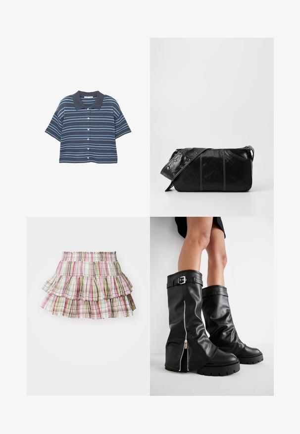 Kurzarm-Hemd mit Knopfleiste, dunkel- und hellblauen horizontalen Streifen und einem dunkelblauen Kragen, auf einem weißen Hintergrund präsentiert.; Helles rosa Tanktop mit grauen Akzenten und verstellbaren Spaghetti-Trägern, mit einem großen, mittig platzierten grauen "adidas"-Logo. Aus Baumwollmaterial.; Plissierter Rock mit elastischem Bund, der ein Karomuster in rosa, grün und braun zeigt. Leichtes Baumwollmaterial.; Schwarze Lederstiefel bis zum Knie mit weiter Schaftweite, seitlichem Reißverschluss und Schnallenakzent, strukturierter Oberfläche und robuster Gummisohle.; Schwarze Leder Schultertasche mit Reißverschluss, ausgestattet mit einer strukturierten Oberfläche, weißen Nähten und einem Tragegurt mit silbernen Ösen.