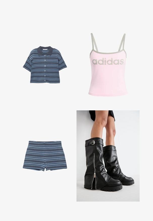 Kratkoročna, s gumbi zapeta srajca z temno in svetlo modrimi horizontalnimi črtami ter temno modrim ovratnikom, prikazana na beli podlagi.; Svetlo roza top brez rokavov z sivo obrobo in nastavljivimi spaghetti naramnicami, ki ima velik, centriran sivi logotip "adidas". Material: bombaž.; Temno modri pleteni šortsi z svetlo modrimi vodoravnimi črtami, opremljeni z fitted pasom in krojem do sredine stegen.; Črne usnjene škornje do kolen s širokim zgornjim delom, ki imajo stransko zadrgo in dekorativno sponko, teksturirano površino ter masiven gumijast podplat.