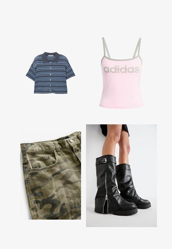 Kurzarm-Hemd mit Knopfleiste, dunkel- und hellblauen horizontalen Streifen und einem dunkelblauen Kragen, auf einem weißen Hintergrund präsentiert.; Helles rosa Tanktop mit grauen Akzenten und verstellbaren Spaghetti-Trägern, mit einem großen, mittig platzierten grauen "adidas"-Logo. Aus Baumwollmaterial.; Next Jeans Shorts - camo print; Schwarze Lederstiefel bis zum Knie mit weiter Schaftweite, seitlichem Reißverschluss und Schnallenakzent, strukturierter Oberfläche und robuster Gummisohle.
