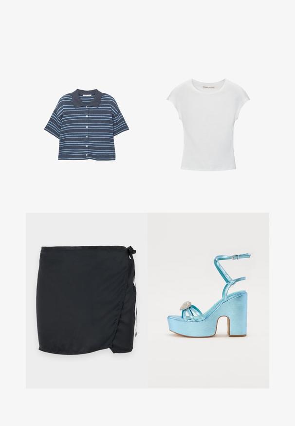 Cămașă cu mânecă scurtă, cu nasturi, cu dungi orizontale în nuanțe de albastru închis și deschis și guler albastru închis, prezentată pe un fundal alb.; Tricou alb din bumbac cu guler rotund, mâneci scurte și un design ajustat. Textură netedă, fără modele sau embellismente.; Fustă de înot neagră cu un design înfășurat, fabricată dintr-un material ușor. Prezintă o închidere cu legare pe lateral și o textură netedă.; Sandale platformă metalizate albastre cu un tocul gros, având bretele încrucișate și un accent cu bijuterii în zona degetelor.