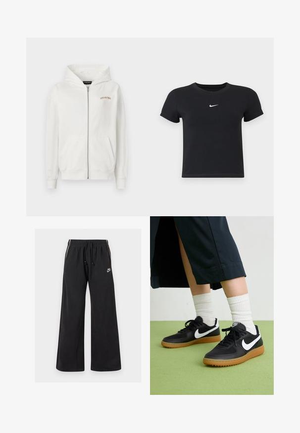 Weißer Zip-Hoodie aus weicher Baumwolle, mit einer Kängurutasche, gerippten Bündchen und einem kleinen gestickten Logo in Beige auf der Brust.; Schwarzes T-Shirt mit kurzen Ärmeln aus Baumwolle und rundem Ausschnitt. Es hat ein weißes Nike-Logo auf der Brust, ein minimalistisches Design und eine taillierte Form.; Schwarze Jogginghosen aus weichem Material, mit einem elastischen Bund und einem Kordelzug, seitlichen Streifen und einem kleinen Logo auf der linken Vorderseite.; Schwarze Leder- und synthetische Sneakers mit weißem Nike-Swoosh, Gummisohle, runder Spitze und schwarzen Schnürsenkeln. Gestreifte weiße Socken sind sichtbar.