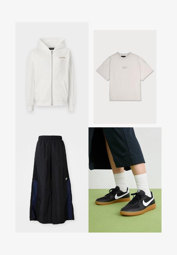 Bielo-šedá mikina na zips z jemnej bavlny, s klokaními vreckami, ribbovanými manžetami a malým vyšitým logom v béžovej farbe na hrudi.; Biela bavlnená tričko s voľným strihom, krátkymi rukávmi a malým značkovým logom potlačeným v hornej ľavej časti hrudníka. Mäkko textúrované, s okrúhlym výstrihom.; Čierne voľné nohavice vyrobené z ľahkého materiálu, s námorníckym modrým postranným panelom a elastickým pásom. Malé biele logo na spodnej časti.; Čierne kožené a syntetické tenisky so bielym logom Nike, gumenou podrážkou, okrúhlou špičkou a čiernymi šnúrkami. Viditeľné biele pruhované ponožky.
