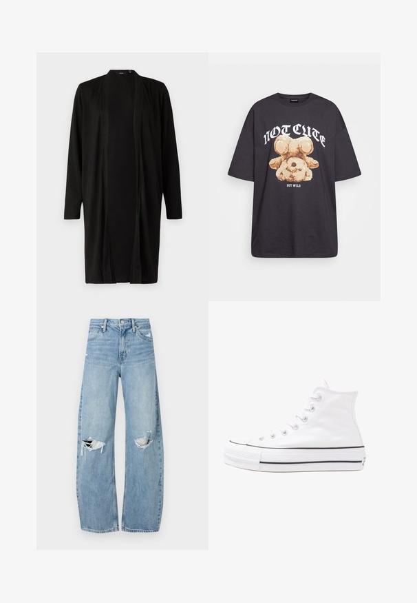 Black, long cardigan with open front, long sleeves, and soft fabric texture. Features minimal design without patterns or hardware details.; Black oversized t-shirt featuring a graphic of a bear with the text “NOT CUTE BUT WILD” in bold, white lettering. Cotton material.; Light blue, high-waisted jeans made of denim. Feature wide legs, two torn knee areas, and classic five-pocket styling.; White high-top canvas sneaker with black rubber sole, front rubber toe cap, and six eyelets for laces, featuring a clean, minimalist design.