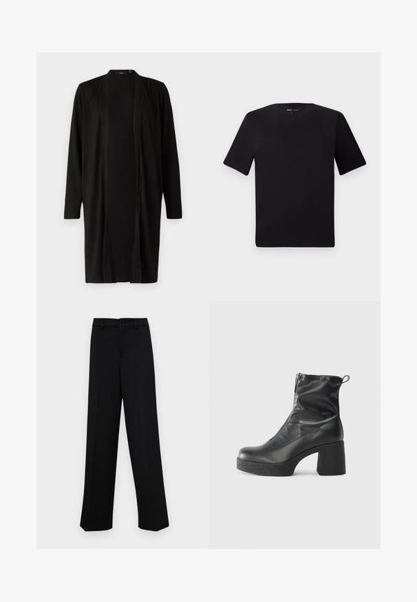 Black, long cardigan with open front, long sleeves, and soft fabric texture. Features minimal design without patterns or hardware details.; Black short-sleeve t-shirt with a round neckline, crafted from soft cotton fabric. Simple design, no visible logos or patterns.; Black wide-leg trousers made of smooth fabric, featuring a classic waistband with a button closure and front pleats.; Black ankle boots made of smooth leather, featuring a side zipper, chunky textured heel, and rounded toe design.