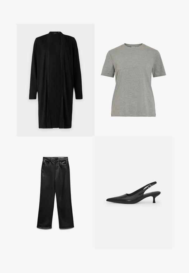 Czarny, długi kardigan z otwartym przodem, długimi rękawami i miękką fakturą materiału. Charakteryzuje się minimalistycznym wzornictwem, bez wzorów i dodatkowych detali.; Szara bawełniana koszulka z klasycznym okrągłym dekoltem, krótkimi rękawami i gładką fakturą, odpowiednia do codziennego noszenia.; Czarne, szerokie spodnie z ekoskóry z przednimi kieszeniami, szlufkami na pasek i subtelnym połyskiem. Gładka tekstura i dopasowany krój.; Czarne skórzane buty typu slingback z wydłużonym noskiem i smukłym, zakrzywionym obcasem. Posiadają dyskretny regulowany pasek z metalową klamrą.