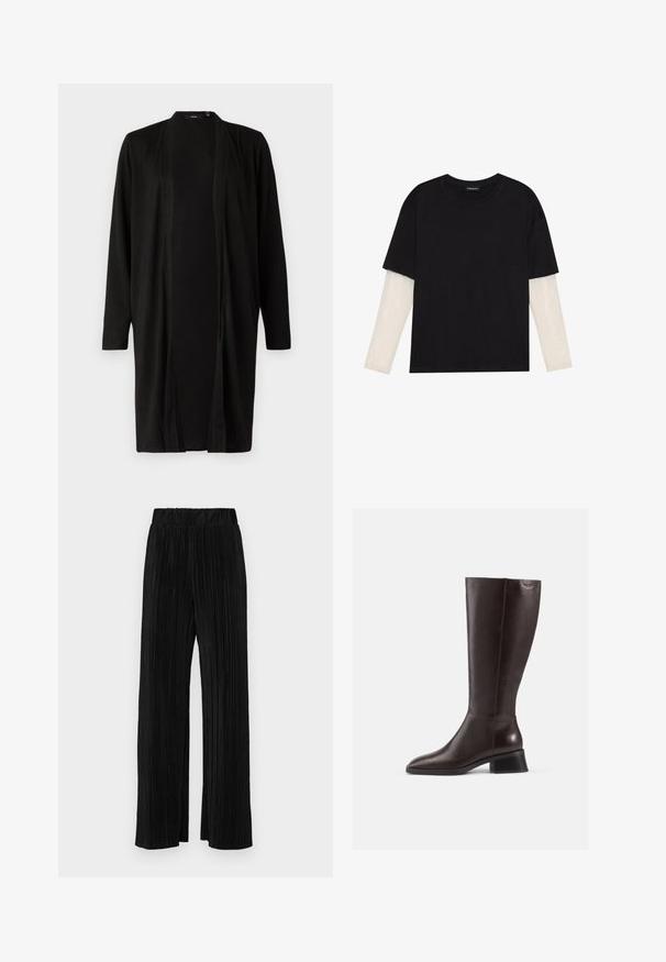 Must mustaga, pikk kardigan avatud ees, pikad varrukad ja pehme kangatekstuur. Erakordne disain ilma mustrite ja metalldetailideta.; Mustmust särk, mis on valmistatud puuvillast, lühikeste varrukatega, valge pika varrukaga kihi peal, millel on peene tekstuuriga muster. Ümar kaelus.; Mustad pleekitud püksid elastse vöökohtaga. Omavad laiad jalad ja sujuvat, tekstureeritud kangast vertikaalsete triipudega.; Põlvikud pruunist nahast, ulatudes põlvedeni, siledaga viimistlusega, ümarate varvastega ja musta kiilukontsaga. Lihtne disain koos minimaalsete riistvaradetailidega.