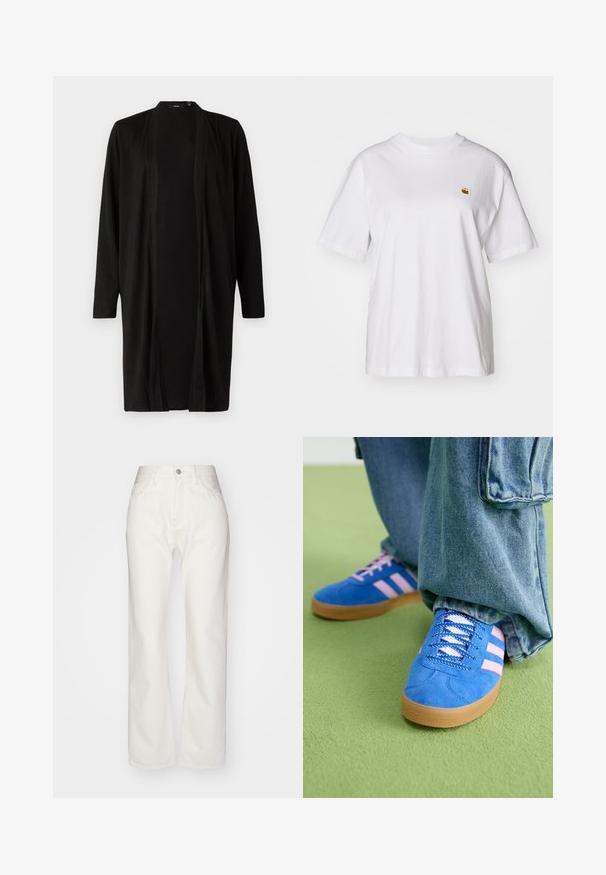Black, long cardigan with open front, long sleeves, and soft fabric texture. Features minimal design without patterns or hardware details.; White cotton t-shirt with a relaxed fit, short sleeves, and a small embroidered logo on the left chest area.; White denim trousers with a high waist and wide-leg fit. Features a button and zipper closure, belt loops, and subtle stitching details.; Blue suede shoes with pink stripes and white laces, featuring a gum rubber sole, paired with loose denim pants on a green surface.