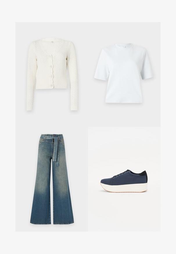 Fehér kötött kardigán V-nyakkal, hosszú ujjakkal és fodros gombolással. Texturált minta és bordás szegély jellemzi.; Világoskék, rövid ujjú póló, puha pamutból készült. Klasszikus, kerek nyakú és laza szabású, minta vagy díszítés nélkül.; Bőszárú farmernadrág, világos és sötétkék árnyalatokkal, magas derekú, övgyűrűkkel és a nadrággal megegyező anyagú övvel. Textúrált farmer kivitel.; Sötétkék sportcipő, texturált szövet felsőrész, fehér platform talp, lekerekített orr és fekete sarok akcentussal. Hat fűzőlyuk található rajta.