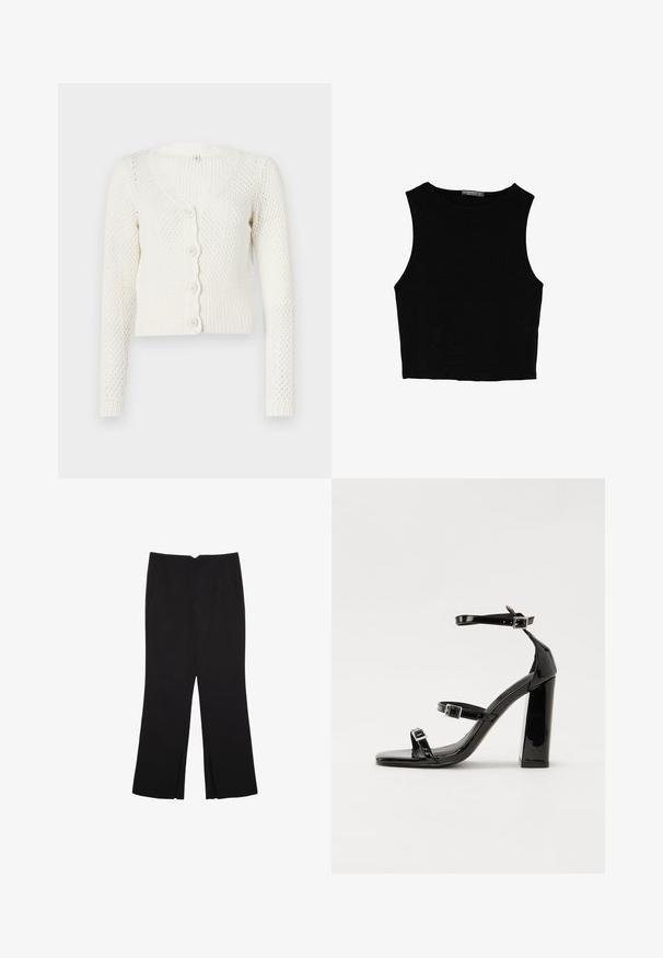 Hvid strikket cardigan med V-hals, lange ærmer og bølget knaplukning. Har et struktureret mønster og ribbet kant.; Sort ærmeløs crop top lavet af glat stof, med rund hals og et rent, enkelt design uden mønstre eller hardware.; Sorte bukser med lige pasform, der har frontlommer og slidser i kanten. Lavet af blødt, glat stof. Velegnet til forskellige anledninger.; Sorte patenterede hælsandaler med firkantet tå, ankelremme og sølvspænder. Har en chunky blokHæl for stabilitet.
