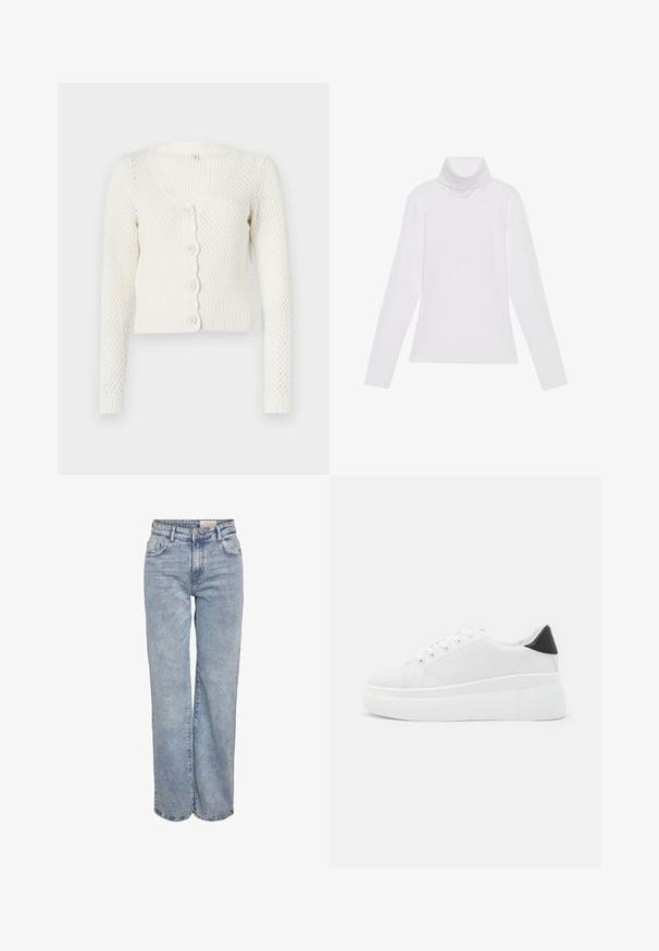 White knitted cardigan with a V-neck, long sleeves, and scalloped button placket. Features a textured pattern and ribbed hem.; White long-sleeve turtleneck top made of smooth, stretchy fabric. Features a high collar and fitted design, with no visible patterns or embellishments.; Light blue wide-leg jeans made from denim, featuring a high waist, five-pocket design, and subtle fading for a worn-in look.; White platform sneakers made of smooth synthetic material, featuring a rounded toe, lace-up design, and a textured rubber sole. Black heel accent.