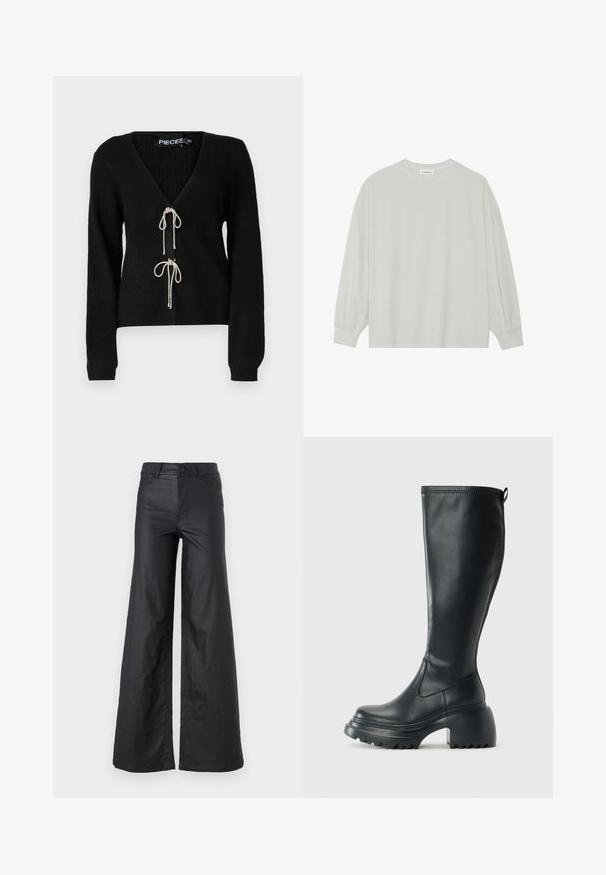 Pieces PCANNA GLITTER BOW V-NECK CARDIGAN - Kardiganas - black; Šviesiai pilkas ilgomis rankovėmis marškinėliai, pagaminti iš minkštos medvilnės. Sukurtas laisvam prigludimui, apvaliu iškirpimu ir švelniai susigūžusiomis rankovėmis. Be raštų ar piešinių.; Juodos, plačios kelnės iš dirbtinės odos. Yra aukštas liemuo, kilpelės diržui, dvi priekinės kišenės ir siuvinėti detalėmis.; Ilgas juodos odinės batai su masyvi platforma ir stačiakampiu kulnu, turintys traukimo kilpą ir tekstūruotą pado raštą.