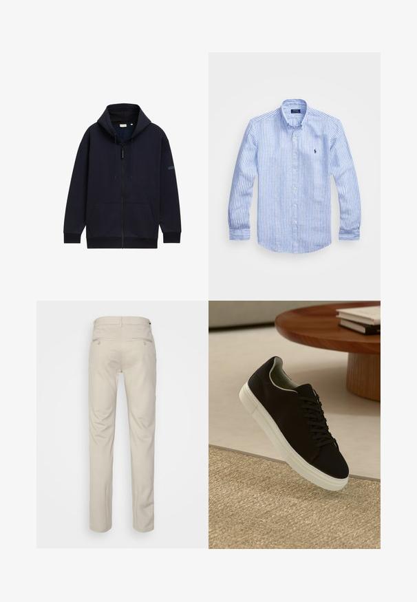Felpa con zip di colore navy, dotata di cappuccio regolabile con lacci, tasche frontali, polsini a coste e una finitura in tessuto liscia e texture.; Camicia a maniche lunghe a righe bianche e blu in cotone, con colletto button-down, bottoni frontali e un piccolo logo ricamato sul petto.; Pantaloni beige con una texture liscia, taglio dritto, due tasche posteriori con bottoni e vita standard.; Sneaker nero con suola bianca che flotta sopra un tappeto beige testurizzato vicino a un tavolo rotondo in legno con libri impilati.
