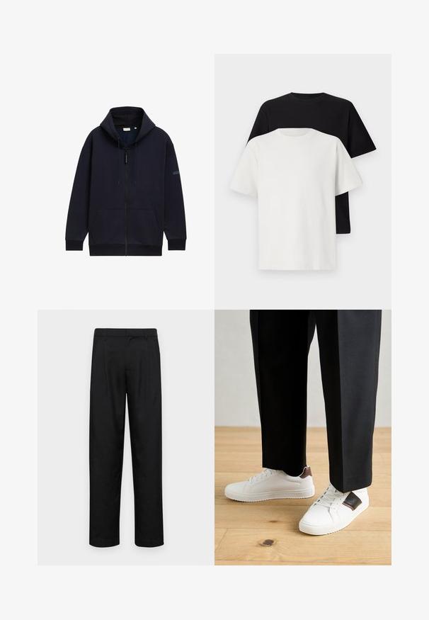 Sudadera con cremallera en color navy, con capucha ajustable por cordón, bolsillos frontales, puños de canalé y un acabado de tela lisa y texturada.; Conjunto de camisetas de algodón que incluye una camiseta negra y una blanca, ambas con mangas cortas, escote redondo y corte estándar. Tejido texturizado.; Pantalones negros de tela suave, con un diseño de pierna recta, dos pliegues frontales y una cintura estándar con trabillas para el cinturón.; Zapatillas blancas con textura suave, con acentos de cuero marrón y detalles en negro, combinadas con pantalones negros ajustados. Fondo de suelo de madera.