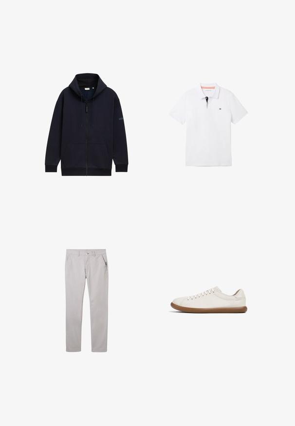 Laivaston vetoketjullinen huppari, jossa on säädettävä naruhuppu, etutaskut, ribbieristetyt hihansuut ja sileä, teksturoidun kankaan pinta.; Valkoinen polo-paita, jossa on musta kaulus oranssilla reunuksella, lyhyet hihat ja pieni logo rinnassa. Valmistettu hengittävästä puuvillasekoitteesta.; Vaaleanharmaat puuvillahousut, joissa on suora lahje. Housuissa on kaksi etutaskua ja nappikiinnitys. Pintamateriaali on sileä, ilman kuvioita.; Kengät, joissa on vaaleanbeige nahkainen päällinen, pyöreä kärki ja litteä ruskea kumipohja; varustettu kuudella reiällä ja matala profiili.