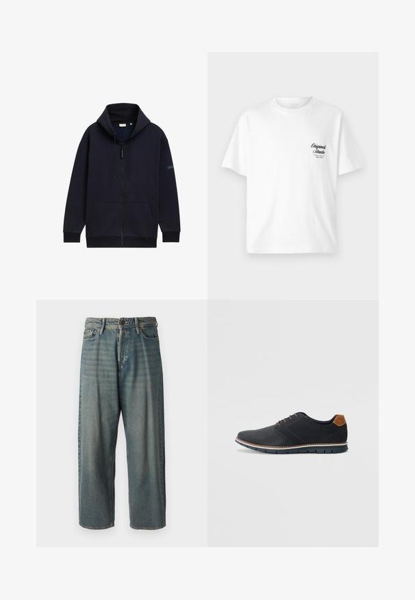 Námornícka zipová mikina s nastaviteľnou kapucňou so šnúrkou, prednými vreckami, rebrovanými manžetami a hladkým, textúrovaným povrchom látky.; Biela bavlnená tričko s okrúhlym výstrihom, krátkymi rukávmi a čiernym potlačeným logom na ľavej hrudi, s retro písmom.; Svetlomodré denimové nohavice so voľným strihom, stredne vysokým pásom a rovnými nohavicami. Obsahujú päť vreciek, pútka na opasok a zapínanie na gombík.; Čierne syntetické topánky so štruktúrovaným zvrškom, hladkými akcentmi, hnedým opätkom a kontrastnou podrážkou. Majú minimálne šnurovanie a detaily prešitia.