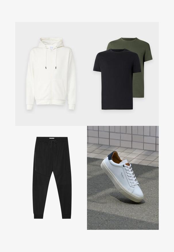 Balta kapuce ar rāvējslēdzēju, izgatavota no mīksta auduma, ar priekšējo kabatu, auklām un ribotām piedurknēm. Gluda tekstūra ar minimālu dizainu.; Divi apģērbi ar apaļu kakla izgriezumu - melns un olīvzaļš, izgatavoti no mīksta kokvilnas auduma. Dizains ir vienkāršs, ar īsām piedurknēm un taisnu griezumu.; Melnas sporta bikses, izgatavotas no teksturēta auduma, ar regulējamu jostu, ar rāvējslēdzēju sānu kabatu un sašaurinātiem galiem.; Baltas ādas čības ar tumši zilu papēdi, apaļu purngalu un kontrastējošām brūnām detaļām. Aprīkotas ar plakanu auklu un struktūrētu gumijas zoli.