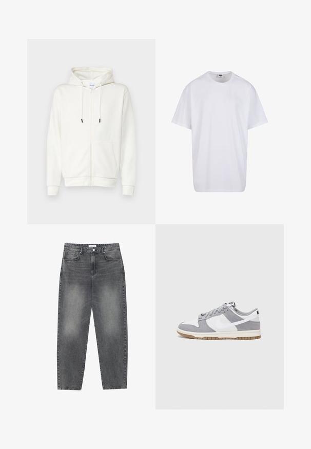 Felpa con zip bianca realizzata in tessuto morbido, con tasca frontale, lacci e polsini a costine. Texture liscia con design minimale.; Maglietta bianca in cotone con maniche corte, scollatura rotonda, vestibilità comoda e senza loghi o motivi visibili. Texture liscia e design minimale.; Jeans a vita alta, dal taglio ampio in denim nero sbiadito. Presentano cinque tasche, passanti per cintura e un design dritto e pulito.; Sneaker grigia e bianca con tomaia in suede e pelle, punta arrotondata, lacci piatti e soletta in gomma con un accento color caramello.