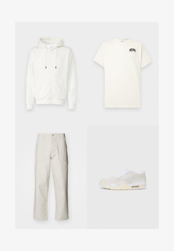 Witte zip-up hoodie gemaakt van zachte stof, met een voorzak, trekkoorden en ribgebreide manchetten. Gladde textuur met een minimalistisch ontwerp.; Crème-kleurige katoenen T-shirt met korte mouwen, voorzien van "NIKE SB" in zwarte en rode tekst op de borst. Standaard ronde halslijn.; Lichtbeige wijde broek van katoen. Voorzien van steekzakken en een knoopsluiting. Glad textuur met subtiele verticale lijnen.; Sneakers met een lichtbeige synthetisch bovenwerk, witte veters en zichtbare demping. Beschikt over een soepele zool en subtiele zijaccenten.