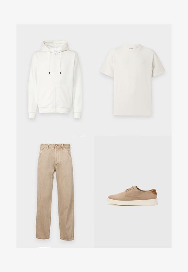 Weiße Zip-Hoodie aus weicher Stoff, mit einer Fronttasche, Kordeln und gerippten Bündchen. Glatter Textur mit minimalistischem Design.; Weißes T-Shirt mit kurzen Ärmeln in gerippter Textur. Runder Ausschnitt, lockere Passform, keine sichtbaren Muster oder Akzente. Einfaches und vielseitiges Design.; Beige Denim-Jeans mit geradem Beinschnitt, ausgestattet mit Vordertaschen, einem Metallknopfverschluss und feiner Textur.; Beige Wildleder-Sneaker mit runder Zehenpartie, Schnürung und strukturiertem Rückenteil. Die weiße Gummisohle sorgt für einen Kontrast. Einfaches und modernes Design.