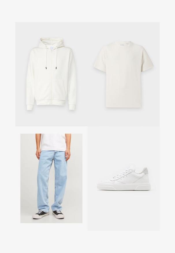 Sudadera blanca con cremallera, confeccionada en tejido suave, cuenta con un bolsillo frontal, cordones y puños acanalados. Textura suave con un diseño minimalista.; Camiseta blanca de manga corta en textura acanalada. Cuello redondo, corte relajado, sin patrones ni acentos visibles. Diseño simple y versátil.; Jeans de mezclilla azul claro con un ajuste relajado, que presentan un diseño de pierna recta y costuras estándar, combinados con zapatillas negras.; Zapatillas de cuero blanca con un acabado suave, punta redondeada, cordones planos y una suela texturada. Acento de ante gris en el talón.