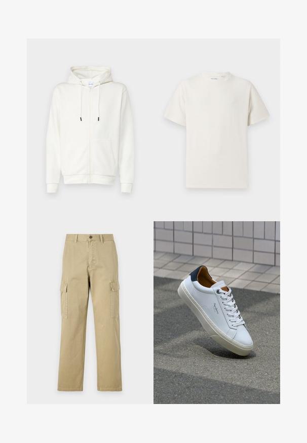 Valkoinen vetoketjuhuppari, joka on valmistettu pehmeästä kankaasta ja jossa on etutasku, nyörit sekä ribbaatut hihansuut. Silkkinen pinta, jossa on minimaalinen muotoilu.; Valkoinen lyhythihainen T-paita ribbikuviossa. Pyöreä kaula-aukko, rento istuvuus, ei näkyviä kuvioita tai yksityiskohtia. Yksinkertainen ja monikäyttöinen muotoilu.; Beige cargo-housut, jotka on valmistettu puuvillasta, ja niissä on kaksi sivutaskua, napp Closure ja suorat lahkeet, joissa on hieman teksturoitu kangas.; Valkoinen nahkakenkä, jossa on tummansininen kantapää, pyöreä kärki ja ristikkäiset ruskeat korostukset. Varustettu tasapaksuilla nauhoilla ja teksturoidulla kumipohjalla.