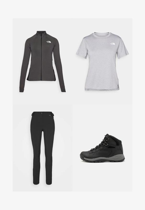 Sort zip-jakke med høj krave, tekstureret stof og lange ærmer. Har The North Face-logoet på øverste venstre side.; Grå kortærmet T-shirt lavet af blødt, fugttransporterende materiale. Har en rund hals og et lille hvidt logo øverst til venstre.; Sorte, tætsiddende bukser lavet af et fleksibelt materiale. Funktioner inkluderer en lynlåslomme i siden, artikulerede knæ og en glat tekstur.; Sort vandrestøvle med en mellem-højde design, der har en tekstureret overdel, grå detaljer og en holdbar gummisål med skridsikre klodser.