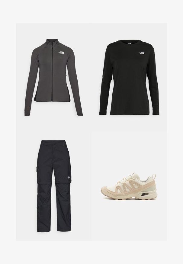 Chaqueta negra con cremallera y alta, de tela texturizada y mangas largas. Presenta el logo de The North Face en la parte superior izquierda.; Camiseta de manga larga negra de algodón con cuello redondo. Presenta un pequeño logotipo blanco en la parte izquierda del pecho. Diseño y ajuste simples.; Pantalones cargo de nailon negro con cremallera desmontable, puños ajustables, múltiples bolsillos y un logotipo en la pierna derecha. Textura suave y ligera.; Zapatilla deportiva beige y crema con parte superior de malla texturizada, superposiciones de soporte y suela de goma con un patrón de tracción.