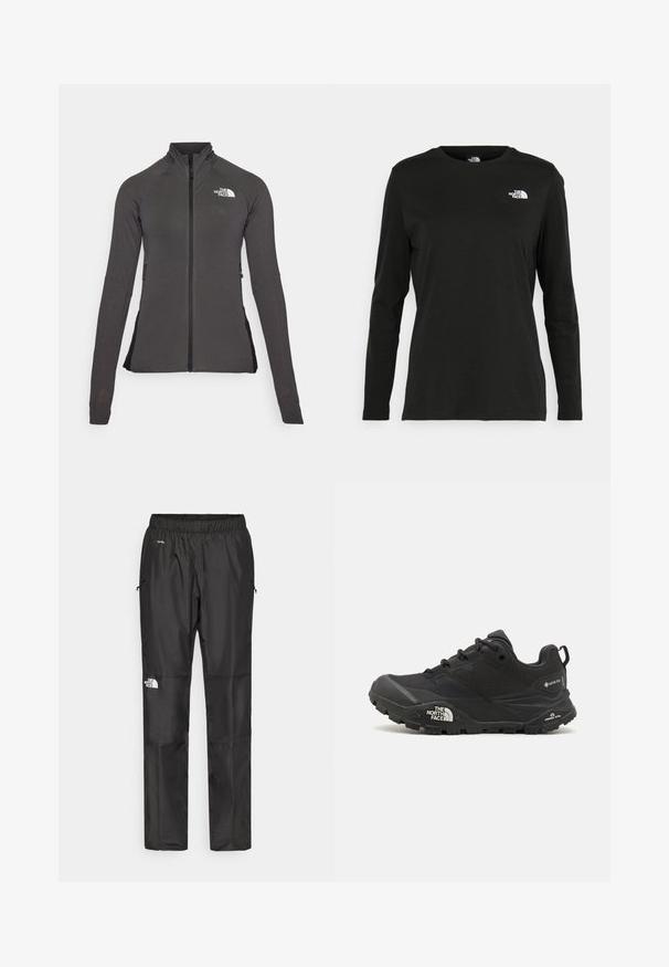 Černá zipová bunda s vysokým límcem, texturovanou tkaninou a dlouhými rukávy. Na levé horní části se nachází logo The North Face.; Černé tričko s dlouhým rukávem vyrobené z bavlny s kulatým výstřihem. Na levé části hrudi se nachází malé bílé logo. Jednoduchý design a střih.; Černé voděodolné kalhoty vyrobené z lehkého materiálu, mají elastický pas, boční kapsy a logo na levé noze.; Černá turistická bota s texturovaným svrškem, šněrováním a masivní gumovou podrážkou, která má výrazné logo po straně a vzory na podrážce.