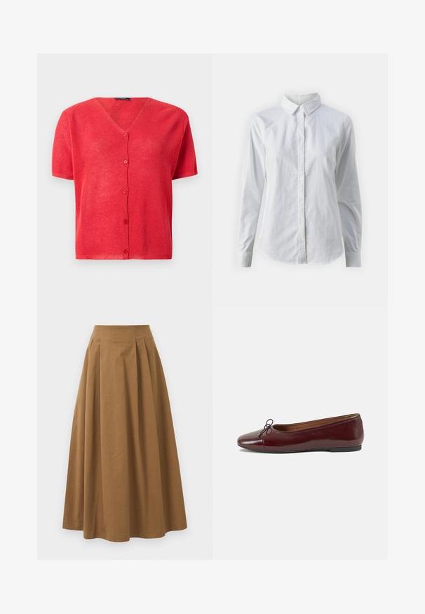 Punainen lyhythihainen kardigan, jossa on V-pääntie, napitettava etuosa ja tekstuuri neulekangasta. Korostettu vastaavilla nappeilla.; Valkoinen napitettava paita, joka on valmistettu sileästä puuvillasta. Paidassa on klassinen kaulus, pitkät hihat ja kaareva helma. Nappien koko on pieni ja ne ovat valkoiset.; Ruskea puuvillainen A-linjainen hame korkealla vyötäröllä, jossa on laskokset edessä ja sileä pinta. Helma on viimeistelty siististi ja yksinkertaisesti.; Burgundin värinen lakattu nahkainen ballerinatossu pyöreällä varvaskärjellä, pienen nauhan yksityiskohdalla edessä ja matalalla mustalla kumipohjalla. Sujuva pinta.