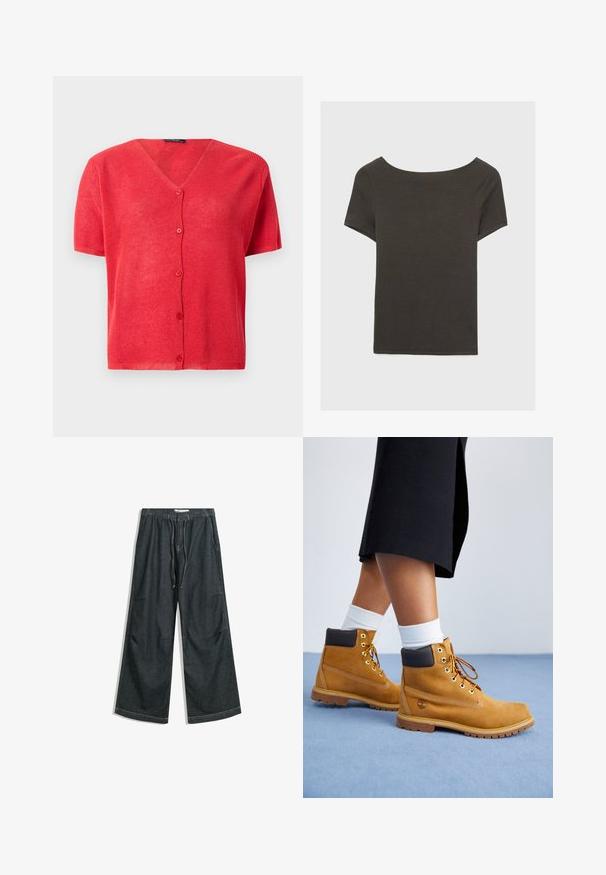 Cardigan rosso a maniche corte con scollatura a V, chiusura tramite bottoni e tessuto a maglia testurizzato. Accentuato con bottoni coordinati.; Top corto grigio scuro con scollatura a barca. Realizzato in tessuto a costine, presenta una vestibilità rilassata e un orlo pulito. Design semplice, senza motivi.; Pantaloni in denim scuro a gamba larga con vita elastica e cordino. Presentano tasche laterali e orli dritti con dettagli di cucitura sottili.; Stivali alla caviglia in suede beige con accenti in pelle marrone, occhielli dorati e suola testurizzata. Calzini bianchi visibili sopra gli stivali.