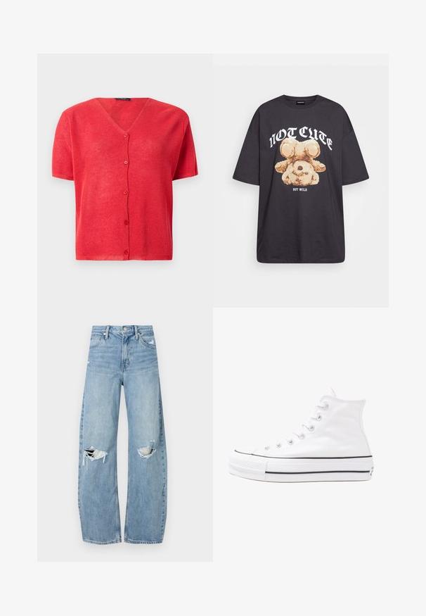 Punane lühikeste varrukatega kardigan, millel on V-kaelus, nööbivarraga kinnitus ja tekstuuriga kudum. Kaunistatud sobivate nööpidega.; Musthave musta t-särk, millel on karu graafika ja tekst "EI NII NÄDALA, KUID MÄRG" paksult valgete tähtedega. Puuvillane materjal.; Heledad hallideega sinised teksad, millel on kõrge talje. Teksade jalgadel on lai alus, kaks rebitud kohta põlvede ümber ning klassikaline viie tasku stiil.; Valge kõrgem kangast tenniseking, millel on must kummist tald, ees kummist varvasetugi ja kuus aukku paelte jaoks, pakkudes puhta ja minimalistliku disaini.