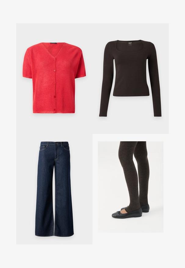 Crvena kratka cardigan majica s kratkim rukavima, V-izrezom, zatvaranjem na gumbe, i teksturiranim pletenim materijalom. Ukrašena odgovarajućim gumbima.; Crna majica dugih rukava, uskog kroja s kvadratnim izrezom, označena s GAP, prikazana na bijeloj pozadini.; Široke traperice u tamnoplavoj denim boji. Sadrže kontrastno šivanje, pet džepova i kopčanje na dugme u struku. Glatka tekstura.; Crne ravne cipele s malim mašnom na vrhu prstiju, uparene s tamnosmešnim rebrovanim čarapama. Cipele imaju glatku teksturu i nizak profil.