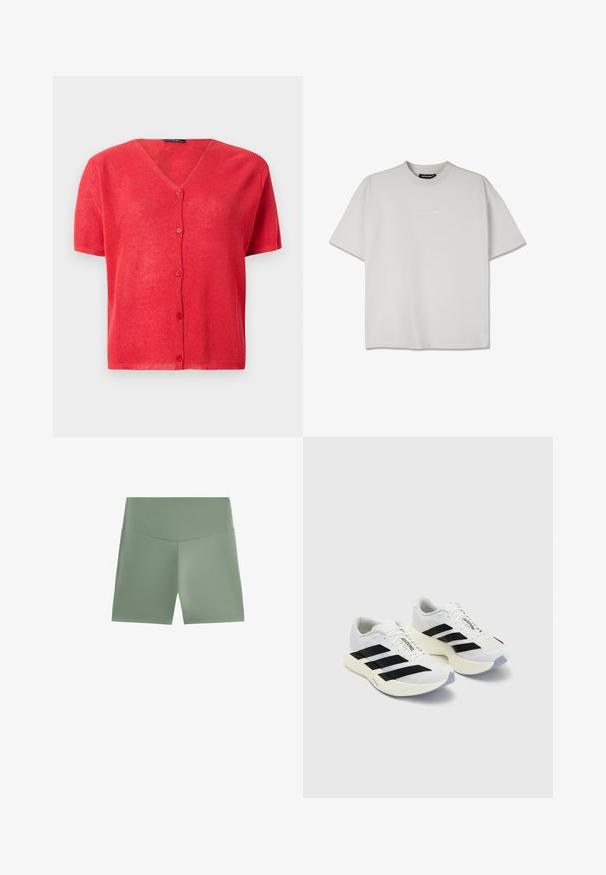Punainen lyhythihainen kardigan, jossa on V-pääntie, napitettava etuosa ja tekstuuri neulekangasta. Korostettu vastaavilla nappeilla.; Lyhythihainen, vaaleanharmaa t-paita puuvillasekoitetta, jossa on pyöreä kaula-aukko. Edessä on hienovarainen kohopainatus logo. Rentoa mitoitusta.; Vihreät urheilushortsit, joissa on sileä pinta, korkea vyötärö ja yksinkertainen muotoilu ilman näkyviä kuvioita tai metalliosia.; Valkoiset urheilukengät mustilla raidoilla ja brändäyksellä, joissa on verkkomateriaali, pyöreä kärki ja paksu kermanvärinen pohja pehmusteena.