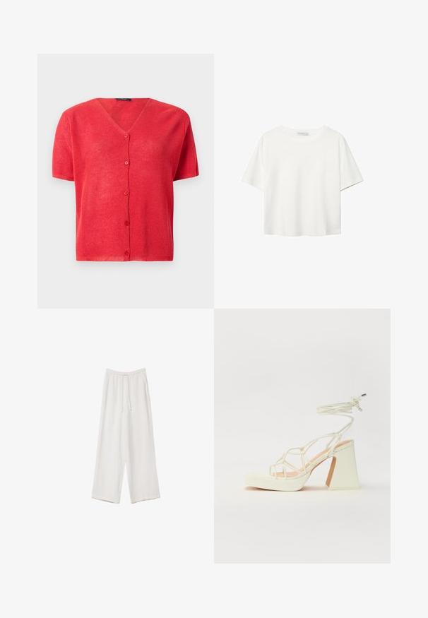 Rdeča kratka kardigan s kratkimi rokavi in V-izrezom, z gumbom spredaj in teksturirano pletenino. Okrašen z usklajenimi gumbi.; Bela kratka majica s kratkimi rokavi iz bombaža. Ima okroglo izrezovanje in sproščen kroj. Gladka tekstura brez vidnih vzorcev ali poudarkov.; Bele široke hlače iz lahkega materiala. Imajo elastičen pas s vrvico in stranske žepe. Gladka tekstura.; Bela sandala na visokih petah s debelim petam, ki ima obliko trakcev in vezanje okoli gležnja. Gladka tekstura z platformo spredaj za dodatno višino.