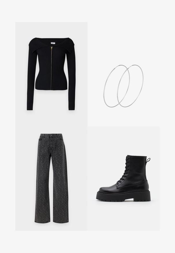 Noisy May NMJULIET CROP - Cardigan - black; Black bodysuit with long sleeves, featuring a mesh V-neckline and gathered shoulder detail. Smooth fabric with a fitted shape.; Noisy May NMJANNEL LOOSE - Relaxed fit jeans - black denim; Black leather ankle boots with a round toe, lace-up front, and a thick rubber sole featuring a textured tread. Pull tab at the back.; Silver hoop earrings with a minimalist design. Circular shape, smooth texture, and thin profile. Lightweight with a polished finish.