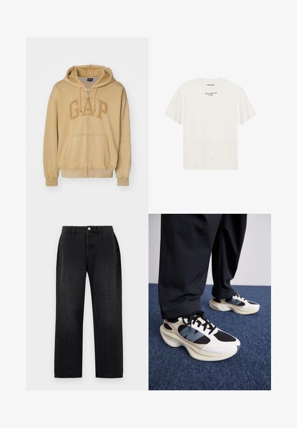 GAP LOGO - Športna jopa s kapuco na zadrgo - mojave; Kremna bombažna majica s kratkimi rokavi in sproščenim krojem. Ima majhen črn besedilni logotip na prsih. Gladka tekstura.; Črne jean hlače s ravnim krojem. Imajo gumbasto zapiranje, zanke za pas in dva stranska žepa. Gladka tekstura, brez vidnih vzorcev.; Bela in črna športna obutev z teksturiranimi detajli in modrim poudarkom, z robustnim podplatom in črnimi vezalkami, v kombinaciji s črnimi hlačami.
