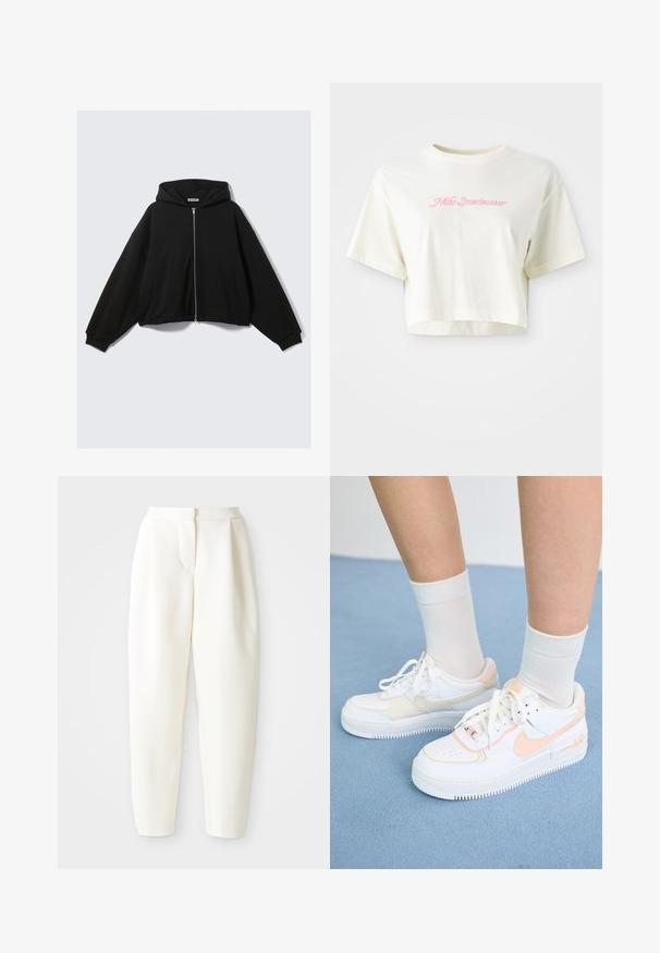 Juoda gobtuvu megztinė su priekiu su užtrauktuku, laisvo silueto, nuleistais pečiais ir dviem šoninėmis kišenėmis. Minkšta medžiaga su ribotais rankogaliais ir apačia.; Trumpas, kreminės spalvos marškinėliai, pagaminti iš medvilnės. Puošti rožiniu siuvinėtu logotipu su užrašu "Nike Sportwear." Trumpomis rankovėmis ir apvaliu kaklu.; Baltos aukšto liemens siaurėjantys keliai su paslėptu priekinio uždarymo mechanizmu ir šoninėmis kišenėmis, pristatyti prieš paprastą baltą foną.; Balti sportbačiai su persikų akcentais, lygus odinis paviršius, perforuota nosis, tekstūruotas padas ir raišteliai. Dėvimi su baltais džinsiniais kojinėmis ant mėlynos paviršiaus.