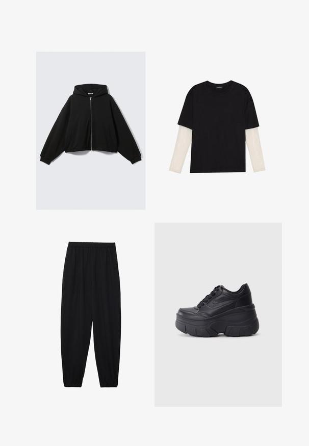 Felpa nera con cappuccio, zip frontale, vestibilità oversize, spalle scese e due tasche laterali. Tessuto morbido con polsini e orlo a costine.; T-shirt nera in cotone con maniche corte sopra un sotto manica lunga bianca, caratterizzata da una sottile texture. Design con scollo rotondo.; Pantaloni neri leggeri con vita elastica e caviglie arricciate. Il tessuto è liscio e presenta un design rilassato e affusolato.; Sneaker nere con lacci e suola spessa, caratterizzate da una tomaia in pelle liscia, punta arrotondata e un distintivo design a piattaforma stratificata.