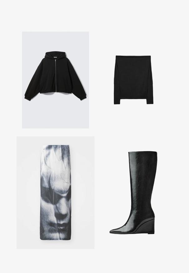 Schwarzer Kapuzenpullover mit durchgehendem Reißverschluss, oversized Passform, abgefallenen Schultern und zwei Seitentaschen. Weicher Stoff mit gerippten Bündchen an Ärmeln und Saum.; Schwarzes Langarmoberteil mit lockerer Passform, aus weichem Stoff hergestellt. Verfügt über ein schulterfreies Design und seitliche Schlitze für optimale Bewegungsfreiheit.; Schwarz-weißer langer Rock mit einem grafischen Druck eines Gesichts, mit glatter Textur und taillierter Silhouette.; Knöchelhohe schwarze Lederstiefel mit schlanker, spitzer Zehenform und Wedge-Absatz. Die Oberfläche ist glatt mit einem glänzenden Finish.