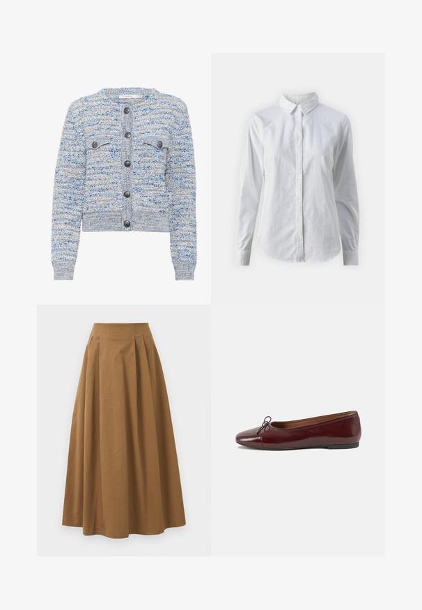 Šviesiai mėlynas tekstūruotas kardiganas su dviem priekinėmis kišenėmis, apvali iškirptė ir pilki mygtukai. Yra trumpintas apatinis kraštas ir mišinys iš skirtingų pluoštų.; Balta marškinėliai su mygtukais, pagaminti iš lygios medvilnės, su klasikiniais apykaklės, ilgomis rankovėmis ir lenktu kraštu. Mygtukai maži ir balti.; Ruda medvilninė A formos sijonas su aukštu liemeniu, puikuojantis klostėmis priekyje ir lygia tekstūra. Apdailos kraštai yra švarūs ir paprasti.; Bordo lakiotos odos baleto bateliai su apvalia nosimi, maža kaspinėlio akcentu priekyje ir žema juoda guma padanga. Lygi tekstūra.