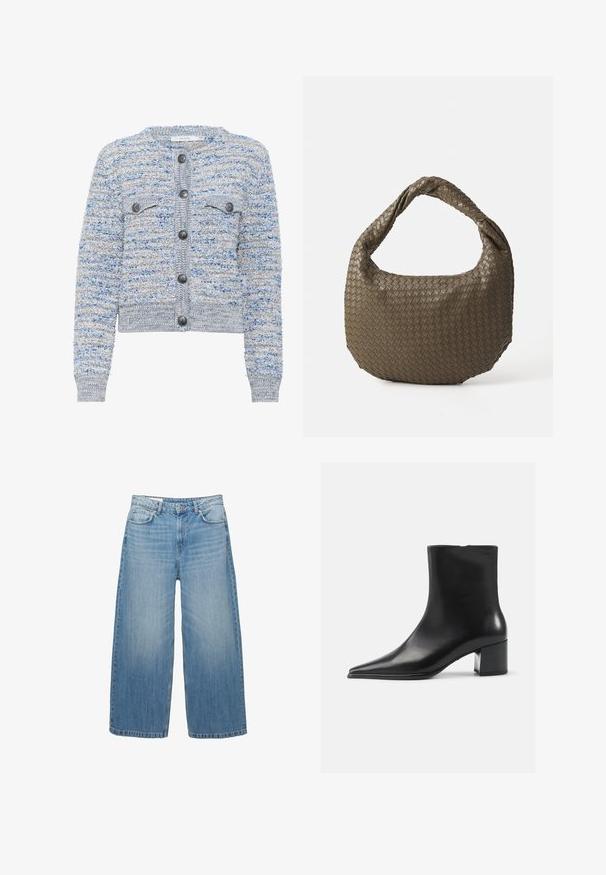 Lyseblå tekstureret cardigan med to forlommer, rund halsudskæring og grå knapper. Har en cropped nederkant og et blandet fiber mønster.; Olivengrønne strukturerede bluse med lange pufferede ærmer, V-udskæring, rynket liv, og en let udvidet kant.; Lys blå brede jeans lavet af denim, med et klassisk fem-lomme design og en knaplukning. Har en falmet struktur over det hele.; Sort læder ankelstøvle med spidse tæer, glat tekstur og mellemhøj blokhæl. Minimalistisk design, lynlås lukning bagpå.; Vevet olivengrøn håndtaske med en rund form og et snoet håndtag. Den teksturerede overflade har et diagonalt mønster. Lynlåslukning.