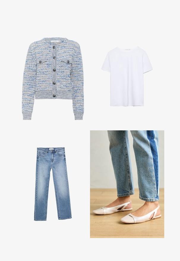 Lyseblå tekstureret cardigan med to forlommer, rund halsudskæring og grå knapper. Har en cropped nederkant og et blandet fiber mønster.; Simpel hvid kortærmet t-shirt med rund hals og lige kant, præsenteret på en hvid baggrund.; Straight-leg blå denim jeans med en falmet vask, fem lommer og en klassisk knaplukning. Lavet af bomuldsstof med tydelig syning.; Lyserøde slingback flade sko med spidse tær, lavet af et glat læderlignende materiale. Har udskæringsdetaljer på siderne og en flad hæl.