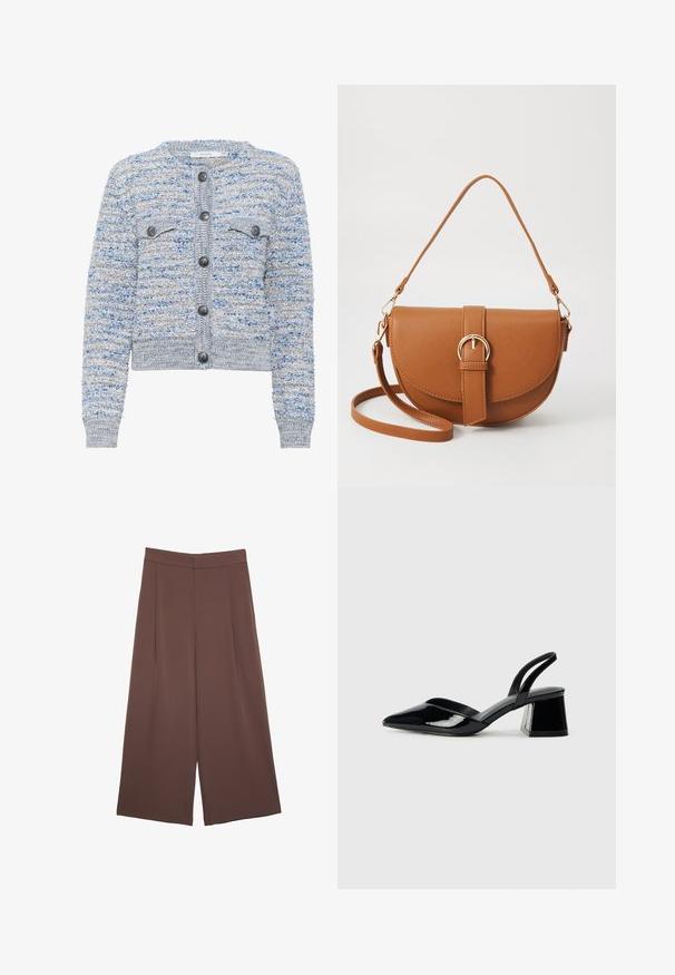 Svetlo modra teksturirana jopica z dvema sprednjima žepoma, okrogla izreza in sivimi gumbi. Ima krajšan rob in mešano vlaknasto vzorčasto strukturo.; Bela brezrokavna majica z gumbi spredaj, stranskimi žepi in prilegajočim se krojem z rahlo razširjenim robom. Gladka tekstura, minimalno okrašena.; Rjave široke hlače z gladko teksturo, ki imajo visok pas in sprednje naborke. Tkanina je lahka in prosto pada.; Črne lakirane slingback pete s koničastim nosom in geometrijsko blokasto peto. Imajo eleganten, minimalističen dizajn in gladko teksturo.; Rjava usnjena torbica prek telesa s ukrivljeno obliko, zlate opreme in sponko. Ima odstranljiv naramni trak.