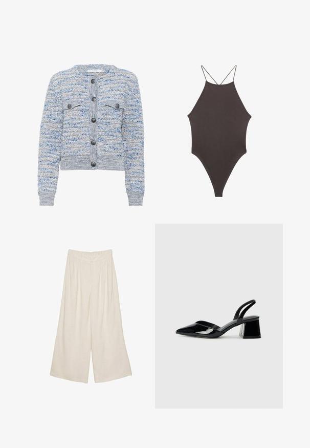Svijetloplavi teksturirani kardigan s dva prednja džepa, okruglim izrezom i sivim gumbima. Ima skraćeni rub i uzorak od miješanih vlakana.; Smeđi jednodijelni kupaći kostim s visokim ovratnikom i tankim, prilagodljivim trakama; ima visoko izrezane nogavice i glatku teksturu. Bez uzoraka ili dekoracija.; Linen hlače širokog kroja svijetlosmeđe boje s nabranim dizajnom i elastičnom elastikom za udobnost i jednostavno oblačenje.; Crne lakirane kožne sandale s otvorenom petom i špicastim vrhom, s geometrijskom blok petom. Imaju elegantan, minimalistički dizajn i glatku teksturu.