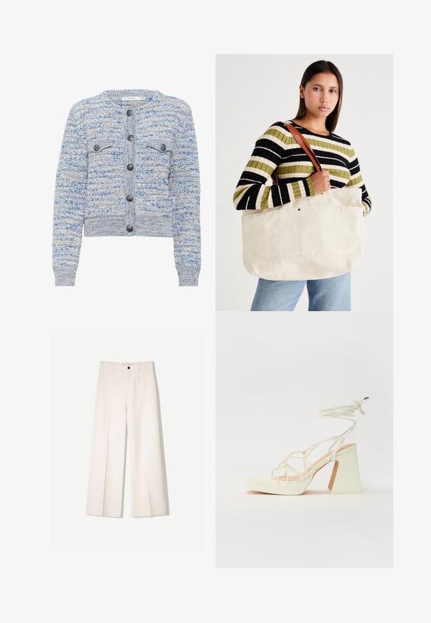 Svijetloplavi teksturirani kardigan s dva prednja džepa, okruglim izrezom i sivim gumbima. Ima skraćeni rub i uzorak od miješanih vlakana.; Bijela kratka t-shirtica s kratkim rukavima, okrugli izrez, mekan pamukasti materijal, opušteni kroj, bešavni rub, minimalistički dizajn bez ukrasa.; Kreme hlače širokih nogavica s krojem koji je prilagođen, s dva prednja džepa i jednim prednjim zatvaranjem na gumb, izrađene od glatkog materijala.; Bijela sandala na visokoj potpetici s debelim petom, s remenom i vezanjem oko gležnja. Glatka tekstura s platformom sprijeda za dodatnu visinu.; Velika bež platnena torba s tamnosmešnim kožnim trakama, koja se ističe minimalističkim dizajnom i vidljivim šavovima.